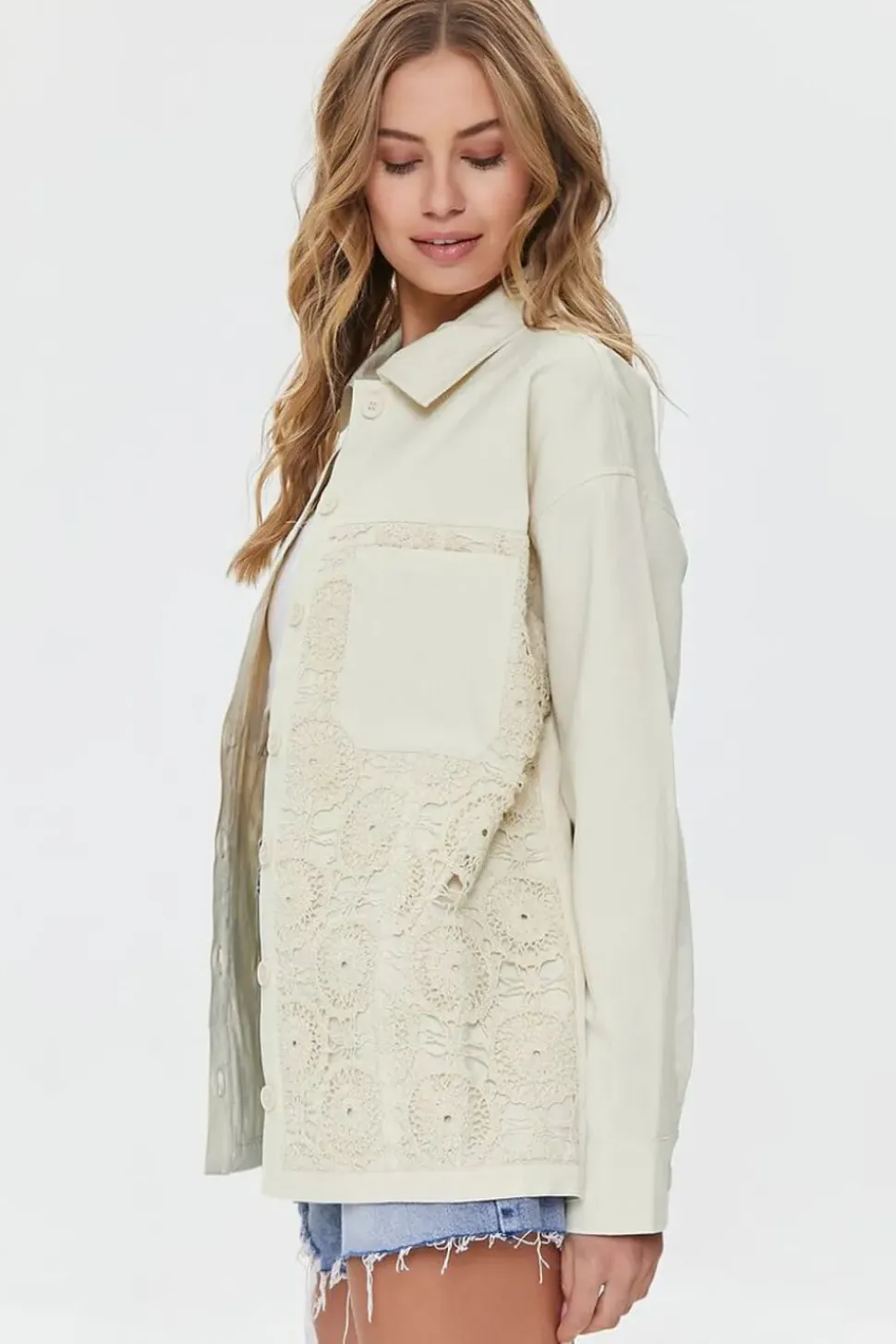 Twill Crochet-Panel Shacket