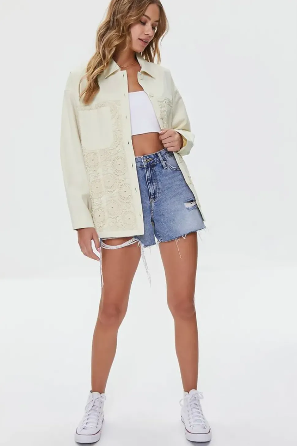 Twill Crochet-Panel Shacket