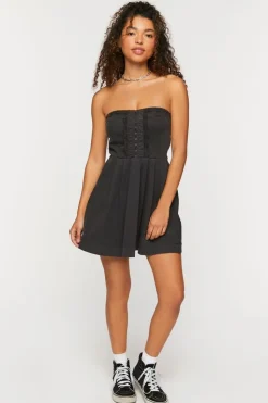 Twill Crochet-Trim Strapless Mini Dress