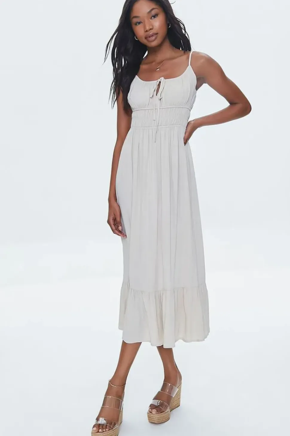 Twill Ruffled Cami Midi Dress