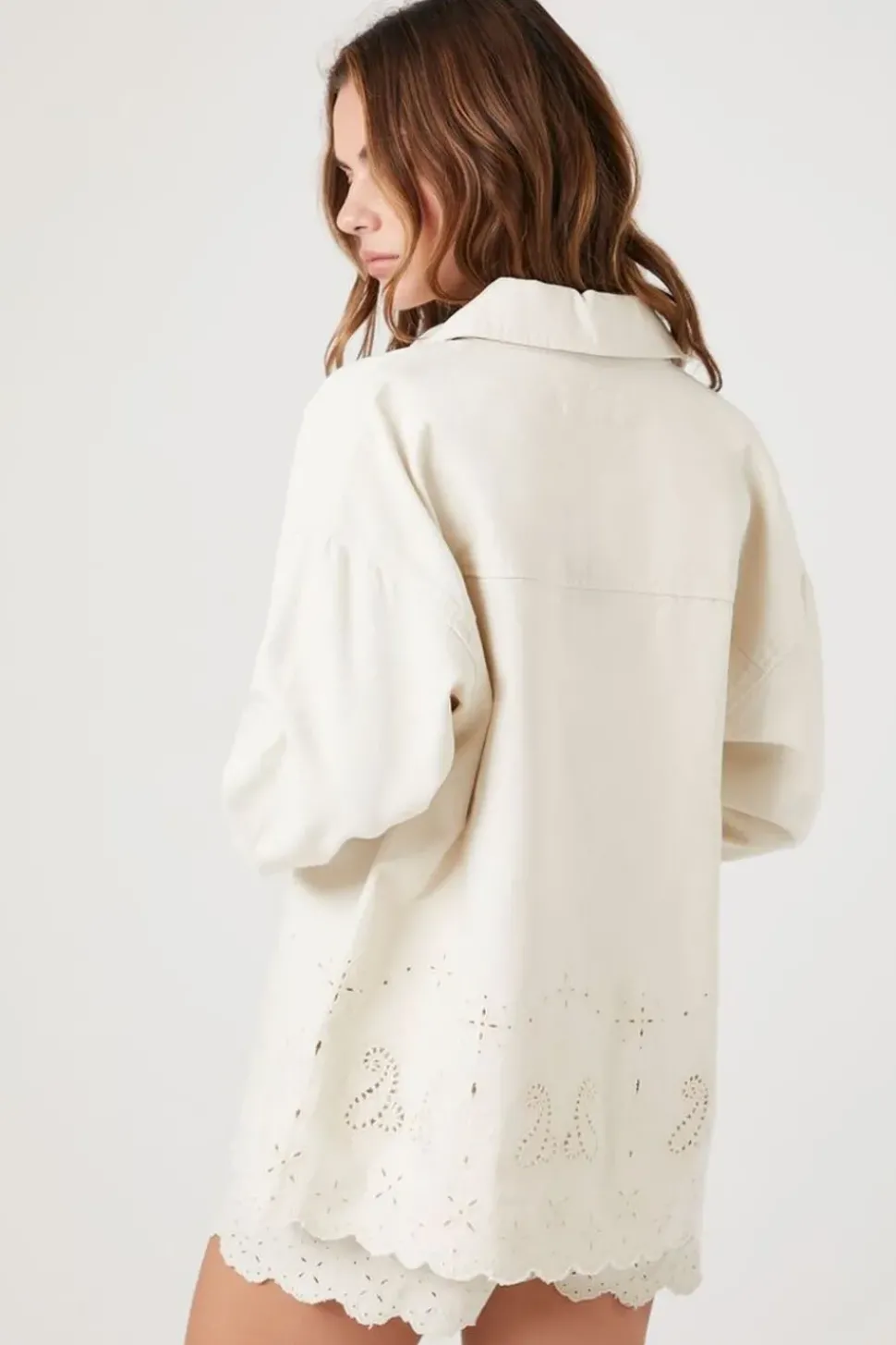 Twill Scalloped Eyelet Shacket