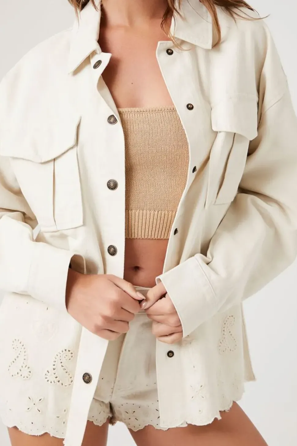 Twill Scalloped Eyelet Shacket