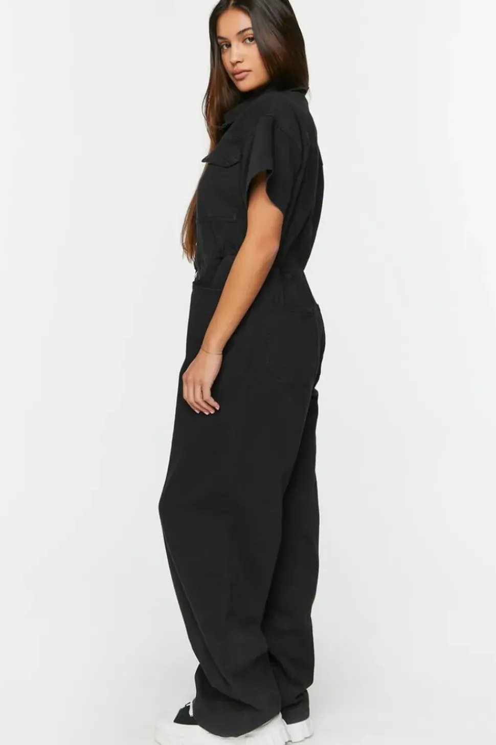 Twill Straight-Leg Shirt Jumpsuit