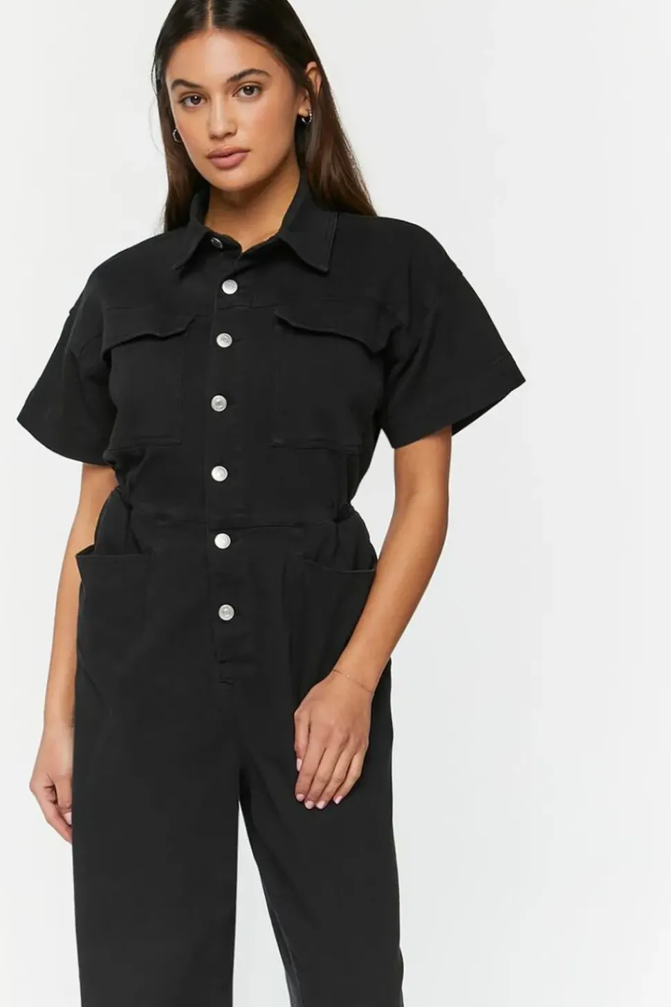 Twill Straight-Leg Shirt Jumpsuit
