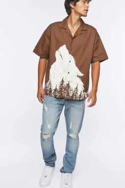 Twill Wolf Graphic Button-Front Shirt