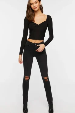 Twist-Front Long-Sleeve Crop Top