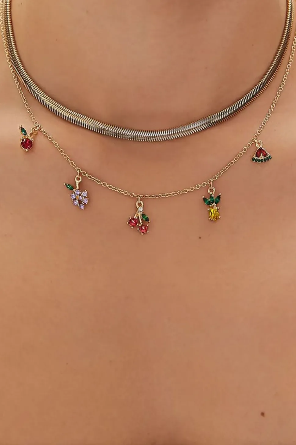 Upcycled Fruit Charm Layered Necklace Set