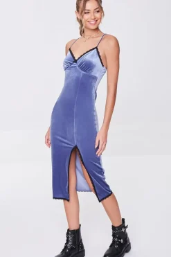 Velvet Lace-Trim Midi Dress
