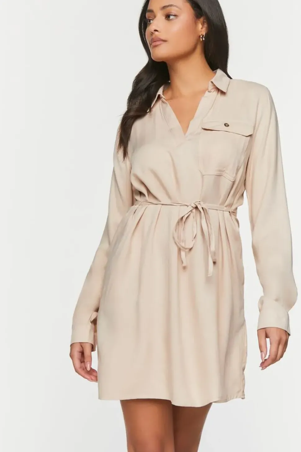 V-Neck Belted Shirt Dress