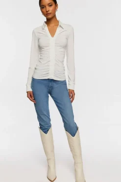 V-Neck Shirred Long-Sleeve Shirt