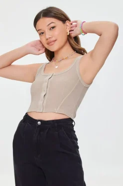 Waffle Knit Button-Front Crop Top