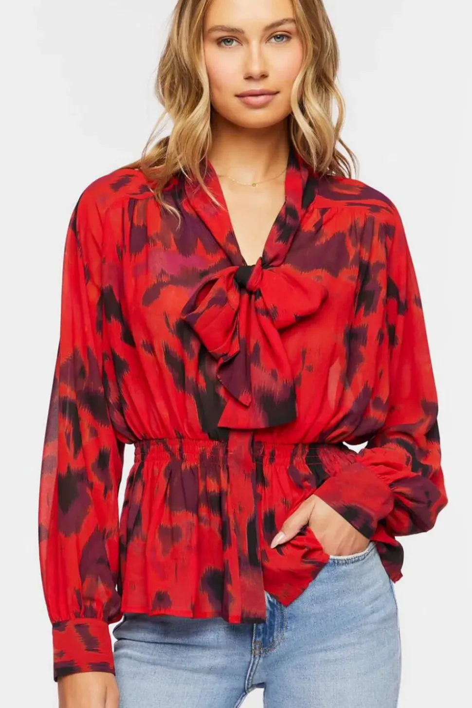 Watercolor Floral Tie-Neck Top