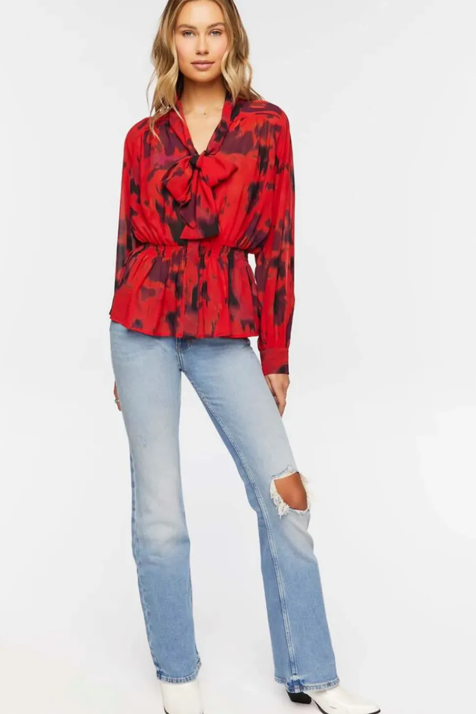 Watercolor Floral Tie-Neck Top