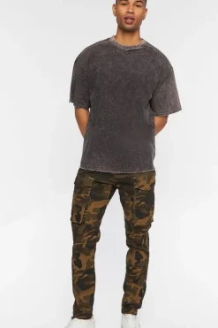 Woven Acid Wash Frayed Crew Neck Tee