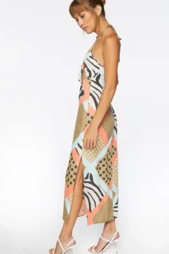 Zebra Patternblock Halter Midi Dress