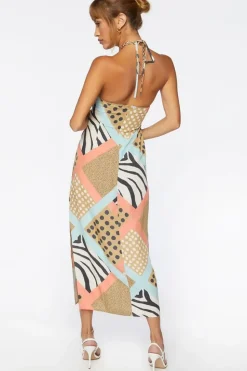 Zebra Patternblock Halter Midi Dress