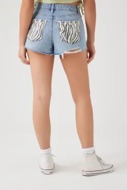 Zebra Print-Pocket Denim Shorts